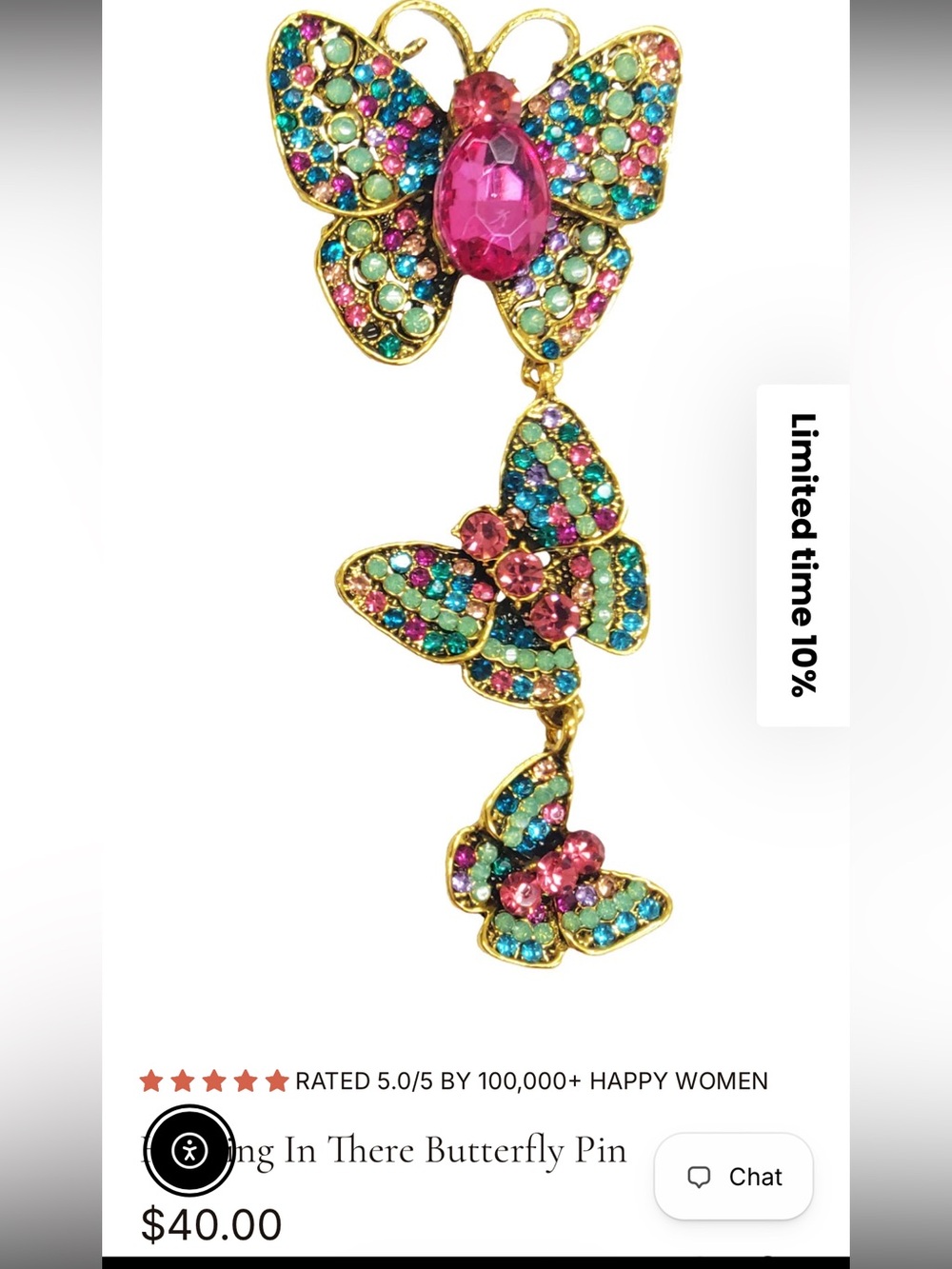 New Aratta Silent Journey- Hanging in There Butterfly Pin- Multi- Colored